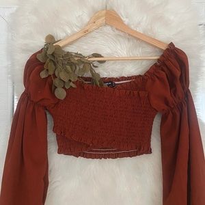 • § Off Shoulder Rust Festival Crop Ruffle Blouse § •